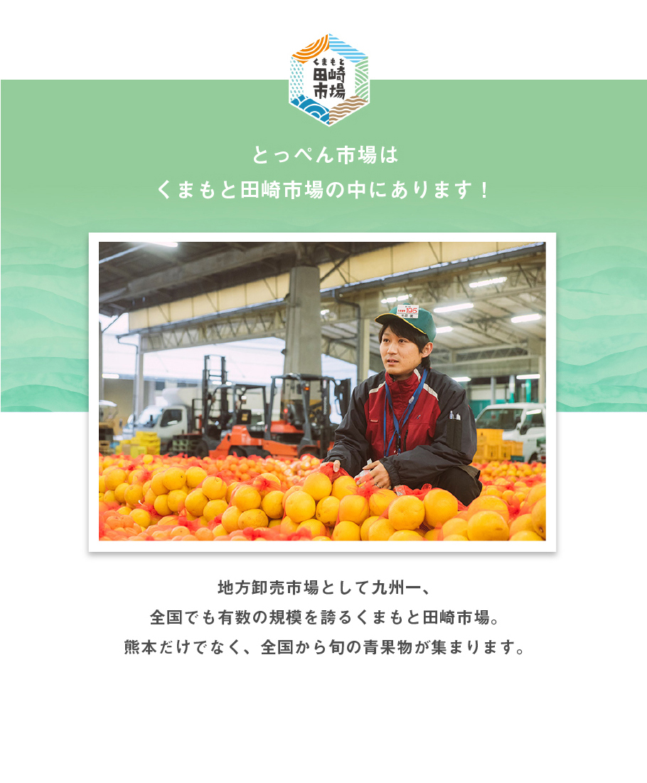 とっぺん市場はくまもと田崎市場の中にあります！地方御売市場として九州一、全国でも有数の規模を誇るくまもと田崎市場。熊本だけではなく、全国から旬の青果物が集まります。