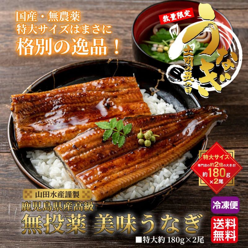 山田水産謹製　鹿児島高級 無投薬美味うなぎ （特大約180g×2尾入り）【送料無料】≪冷凍便≫