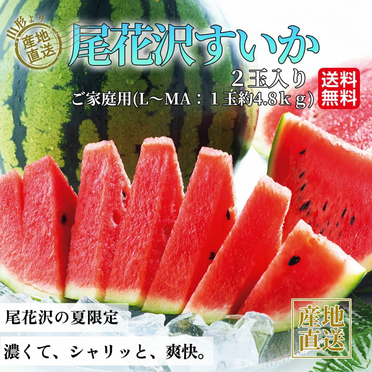 ご家庭用　尾花沢すいか（２玉：1玉／約4.8㎏以上）【送料無料】